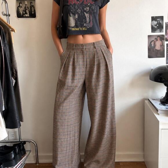 Corey Lynn Calter Pants - Corey Lynn Calter High Rise Plaid Wide Leg Trousers S
